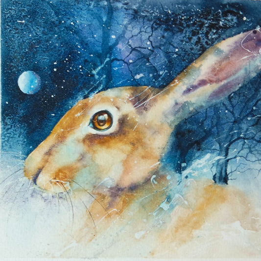 Moonlit Woodland Hare, with amber eyes.